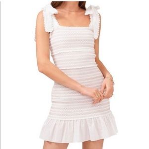 Chelsea and Violet Smocked White and Tan Dress